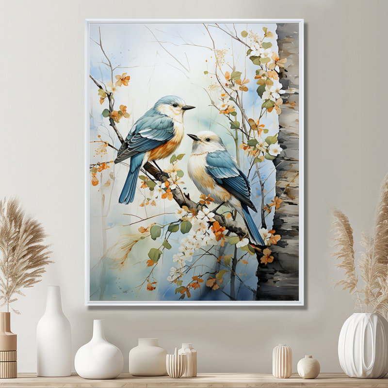 «Birds On Amercian Basswood Tree Bird», art sur toile, arbres, H 20 po x l 12 po x P 1 po, Cadre flottant blanc