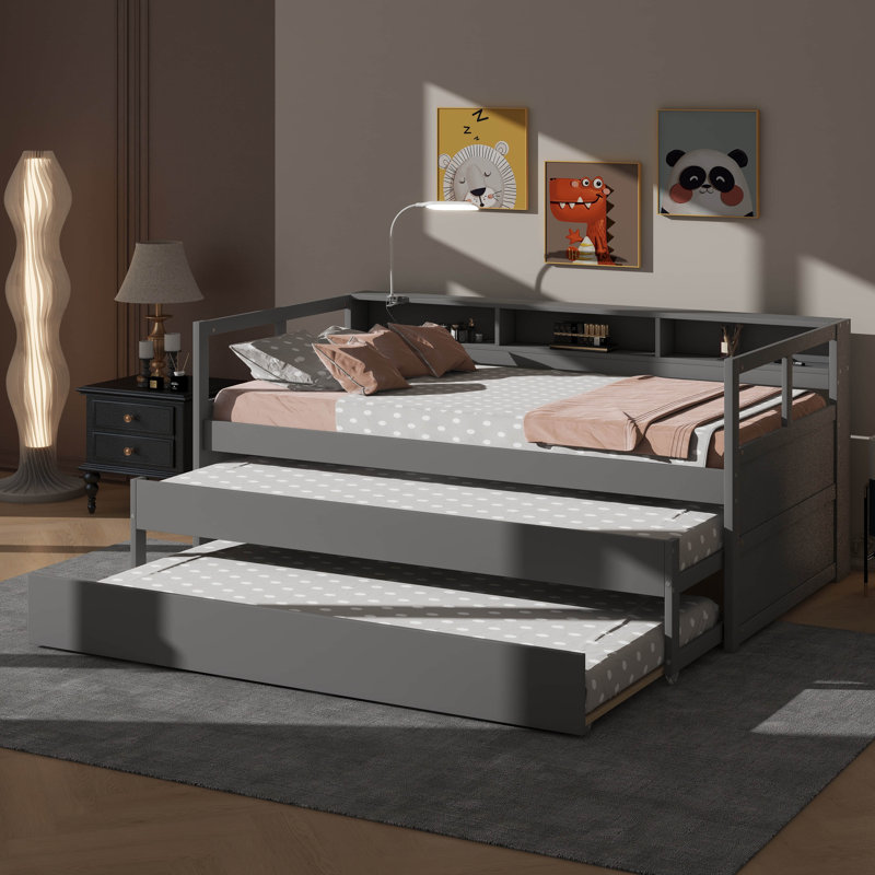 Twin XL Wooden Daybed With Two Trundles, Three Storage &  Light, Gray