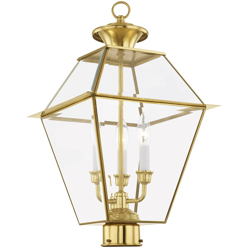 12 Inch 3 Light Outdoor Post Lantern with Clear Beveled Shade, Polished Brass