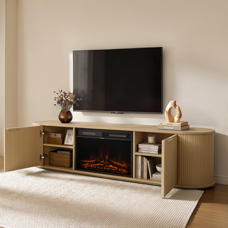 70" Boho Fluted Electric Fireplace Tv Stand With Adjustable Shelves, Oak