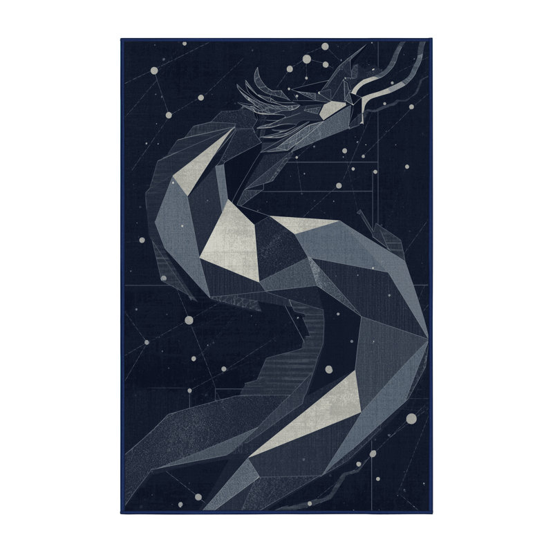 Machine Washable Pavlo Modern Abstract Rug in Gray – Navy Binding, 5 x 7