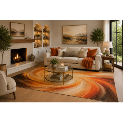 Grand tapis solaire ultra-léger de 6 pi 7 po x 9 pi 10 po orange, rouille et crème pour le salon, tapis à poils courts doux avec envers antidérapant pour la chambre à coucher, la salle à manger et le bureau personnel