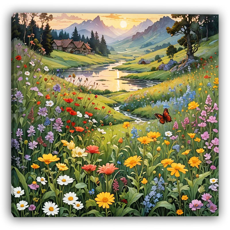 Mountain Bloomscape – Wildflower Meadow at Sunset Wrapped Canvas
