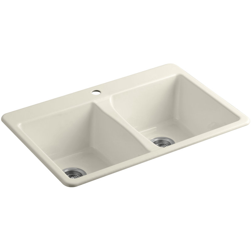 Deerfield 33" L x 22" W Double Basin Drop-In Kitchen Sink with Accessories, Biscuit, 1 Hole
