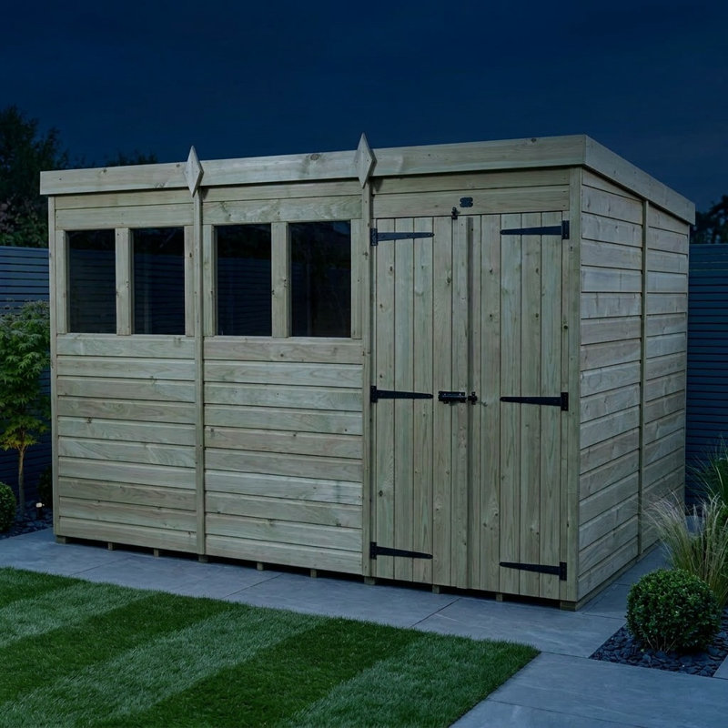 Total Sheds 12ft x 7ft Pent Garden Shed - Double Door - With Windows - Pressure Treated Timber - UK Manufactured