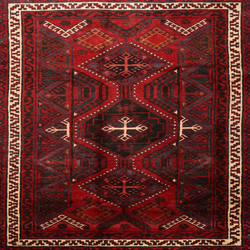 Tapis traditionnel rouge / noir, Carré 7 pi