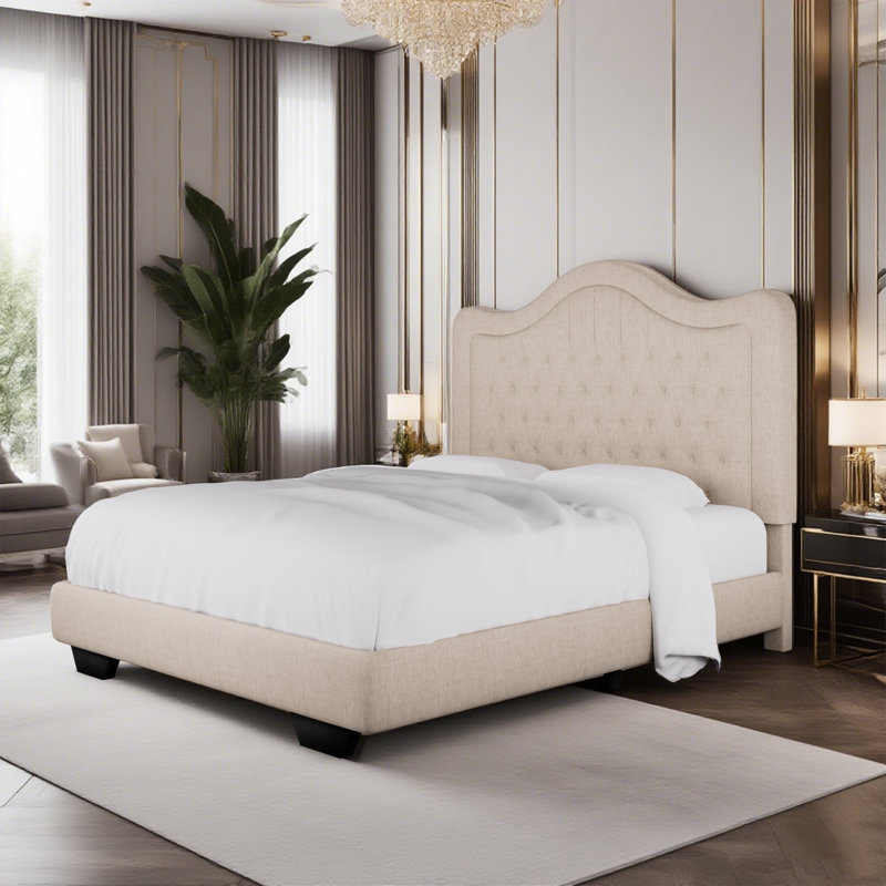 Structure de lit rembourrée en tissu avec tête de lit réglable, support à lattes de bois, lit plateforme capitonné, Beige