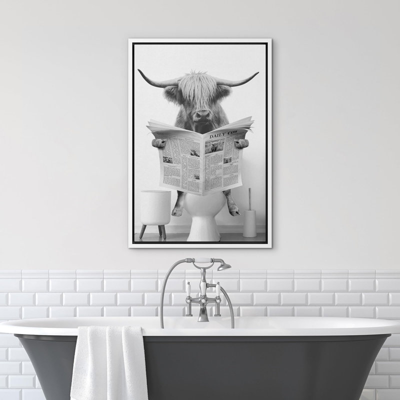 Animals Funny Bathroom Decor Black and White Highland Cow Sit On Toilet Large Framed Canvas Print Wall Art, Framed Print