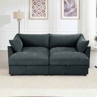 Gris à 2 places avec tiroir de rangement coulissant sous chaque siège, coussins enroulés et accoudoirs, tiroir à repose-pieds à choix de couleurs variées, tissu en chenille, propriétés de peau froissée, ajustement moderne