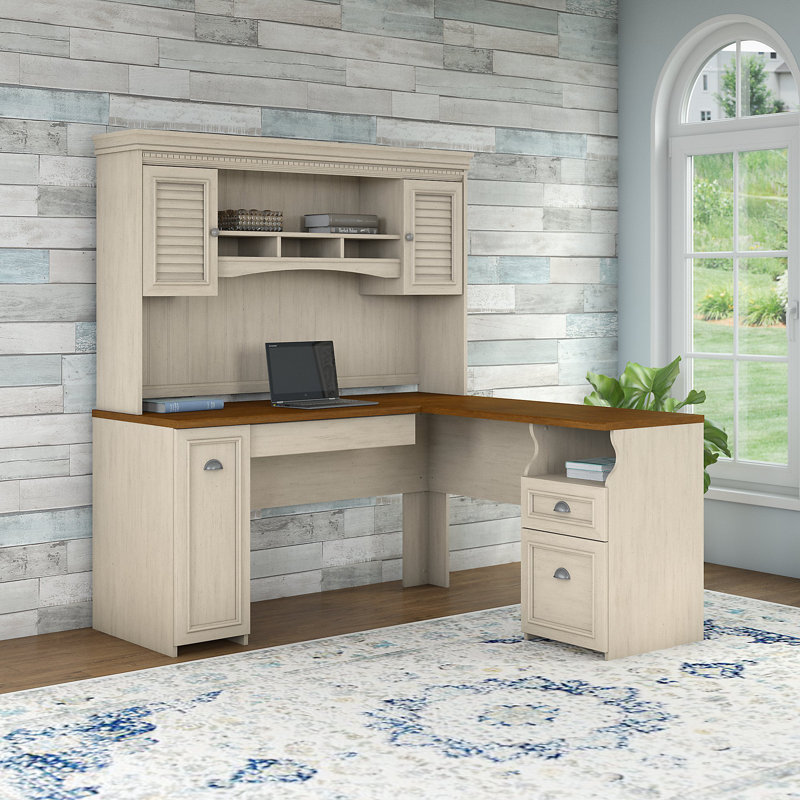 Ozro 60W L-Shape Executive Desk with Hutch, Antique White