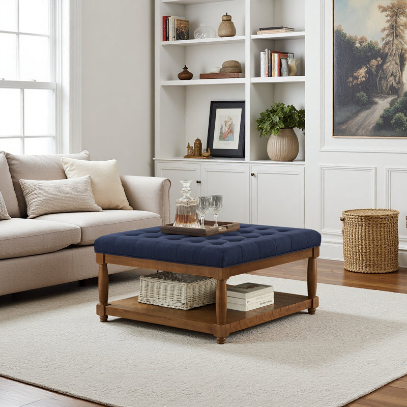 Large Square Upholstered Tufted Linen Ottoman Coffee Table, Large Footrest Ottoman With Solid Wood Shelf,Modern Design, Blue