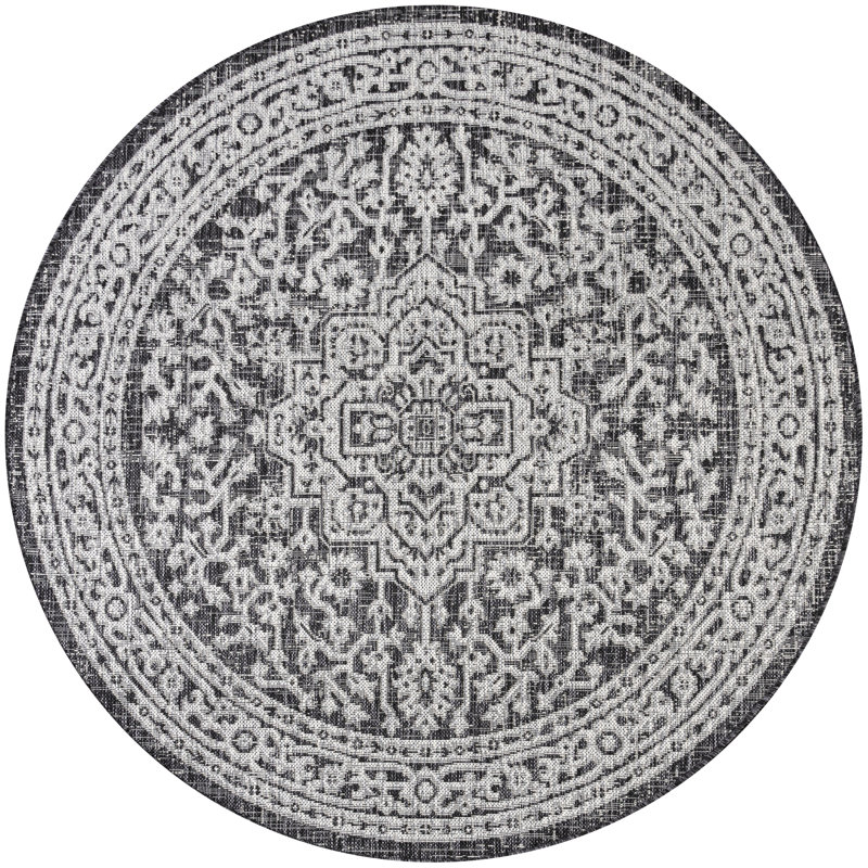 Moten Medallion Textured Weave Gray/Black Indoor/Outdoor Rug, Round 7'9"