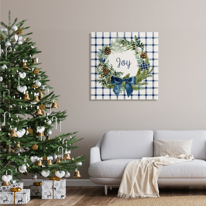 «Winter Joy Sentiment», art mural sur toile surdimensionné à carreaux rustiques par Victoria Barnes, Toile tendue