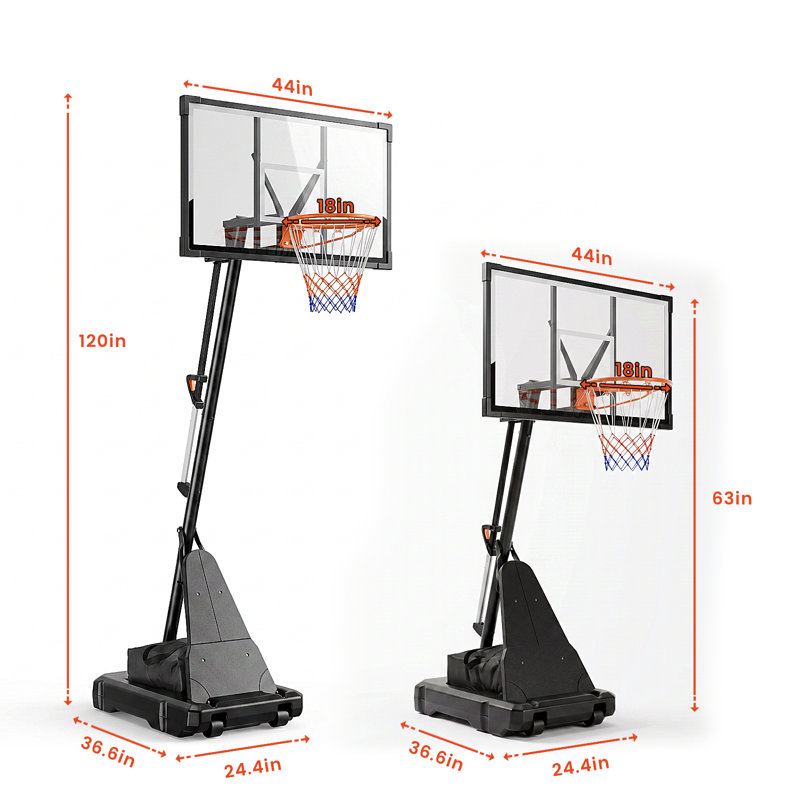 Panier de basketball de 44 po de largeur avec panneau de PC incassable, système de but de panier de basketball réglable en hauteur de 5,25 à 10 pi, panier de basketball portable avec roues pour enfants, adolescents, adultes