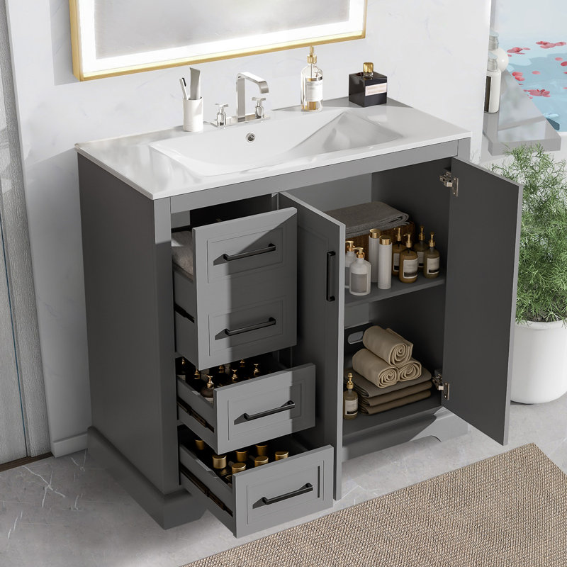 Meuble-lavabo 36 po avec lavabo en céramique, Noir, Gris