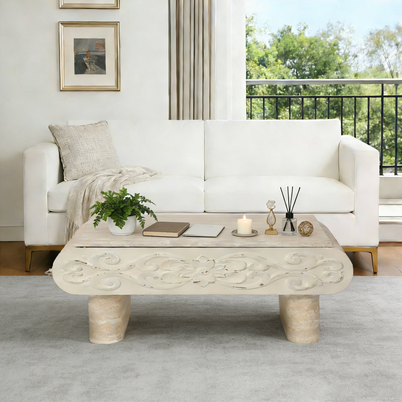 Table basse à plateau relevable, bureau moderne en bois avec rangement caché, Beige