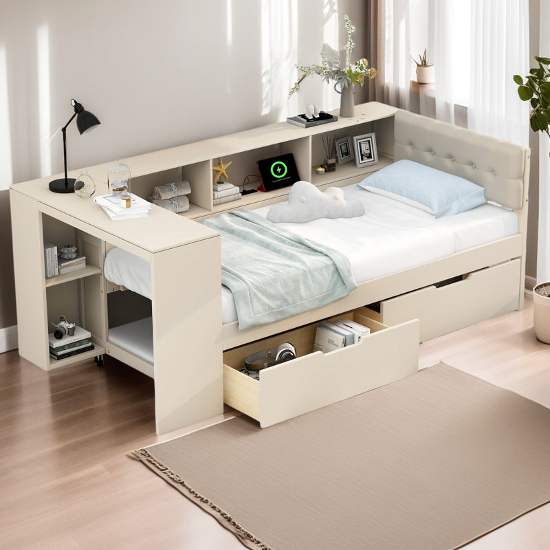 Wood Platform Bed, Twin, Cream