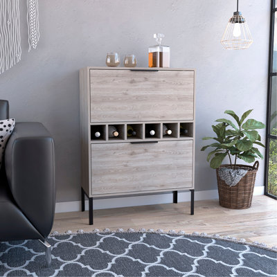 Lyrata Bar Cabinet,  Six Built-In Wine Rack, Double Door -Light Gray