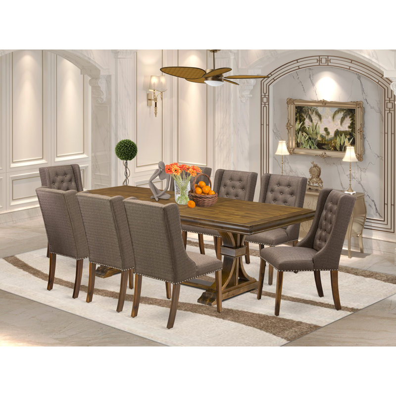 L'ensemble de table de cuisine 9 pièces comprend une table de petit-déjeuner et 8 chaises parsons en tissu de lin brun avec dossier capitonné - finition noyer antique.
