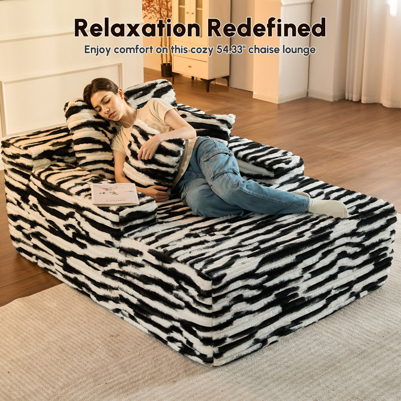 Compression Packed Cloudelle Oversized Plush Corduroy Chaise Lounge Chair, White/Black Faux Fur