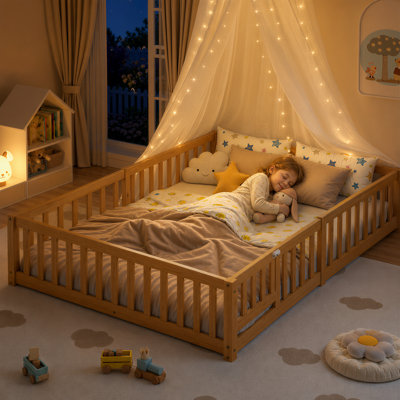 Lit double en bois massif pour tout-petits, lit au sol pour enfants, lit Montessori avec barrière de sécurité, blanc