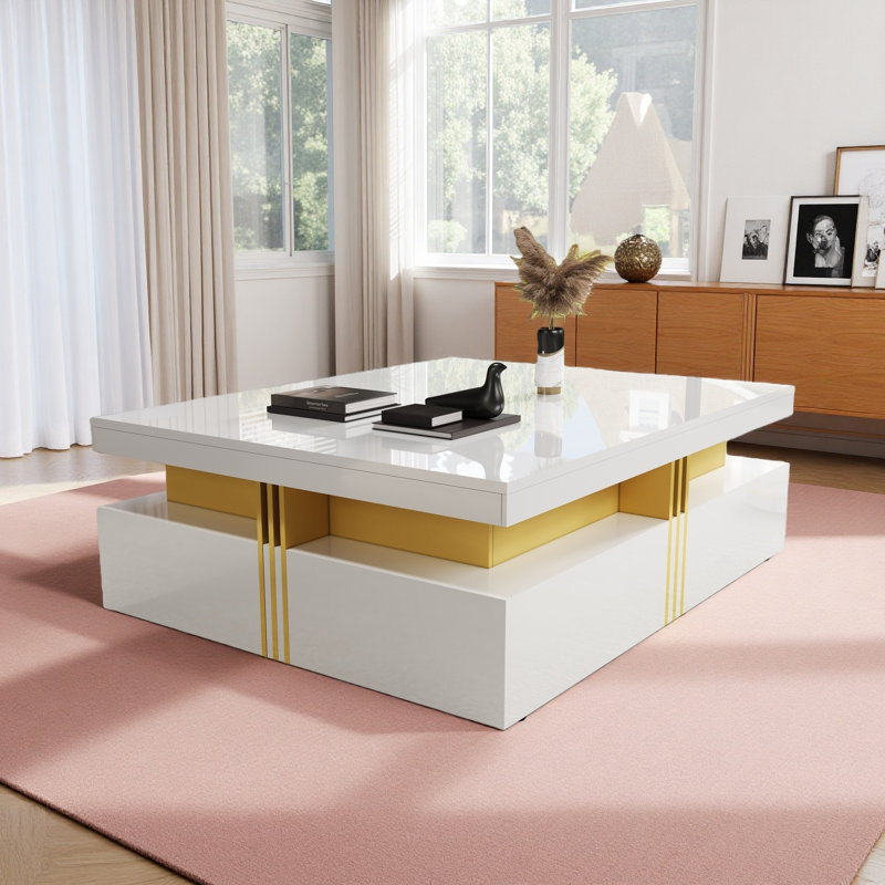 Table basse moderne carrée avec rangement à 4 tiroirs, Blanc