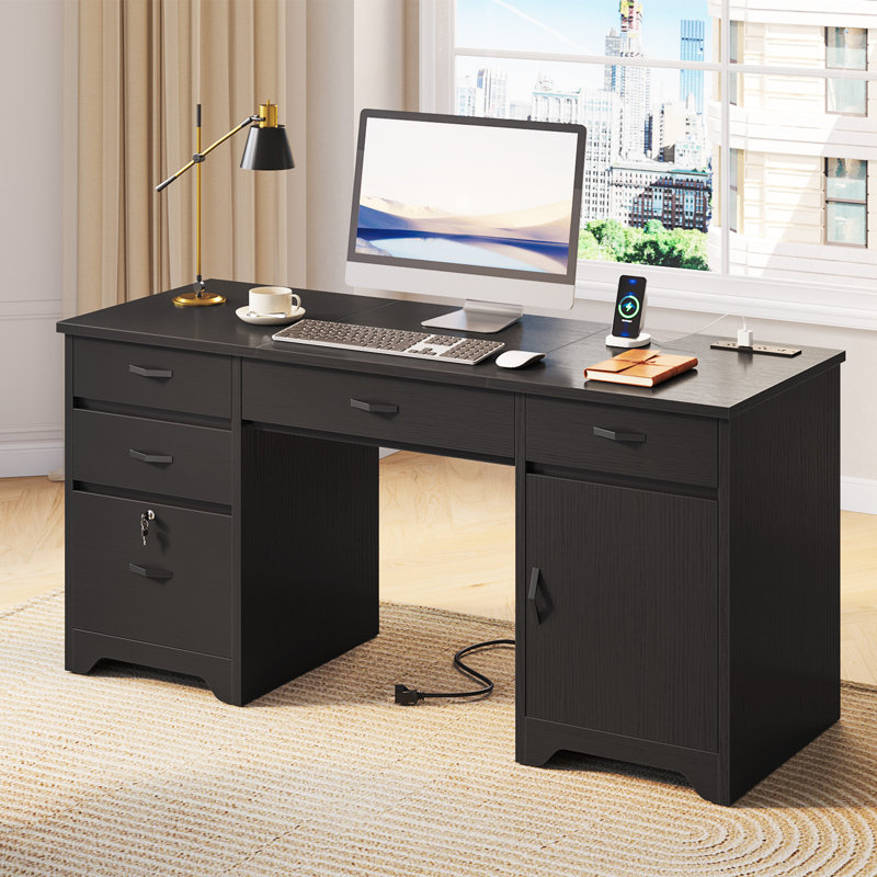 59"Computer Desk Black/White with Embeded Power Strip,Lockable Office Desk with Ample Storage, Black Grained