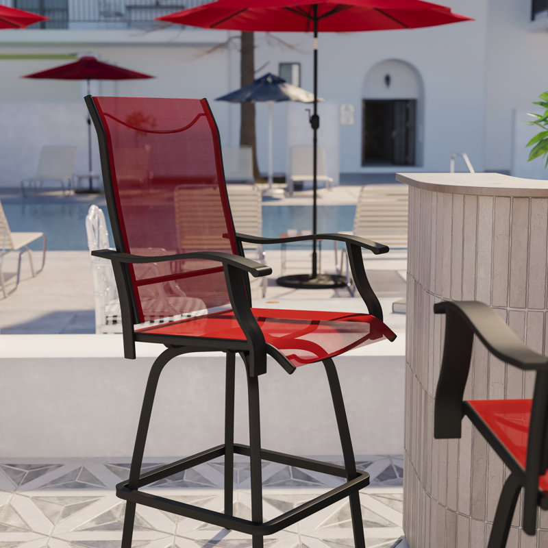 Tabourets de bar pivotants en polyester enduits de PVC toutes saisons Corchado avec dossier haut et accoudoirs, Rouge