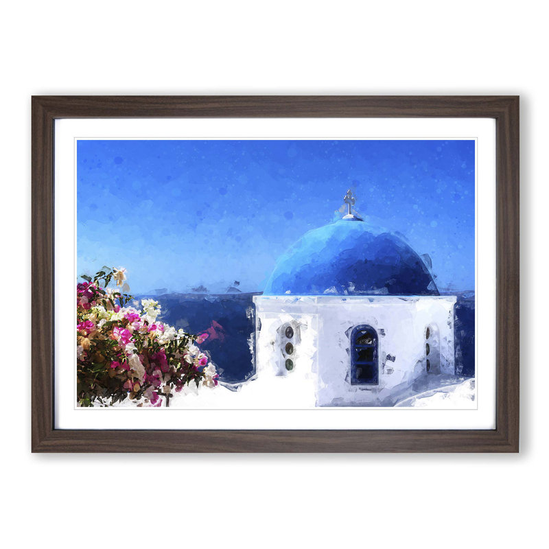 Santorini Blue Domed Church in Abstract - Picture Frame Graphic Art Print, 35cm H x 50cm W x 2cm D, Walnut