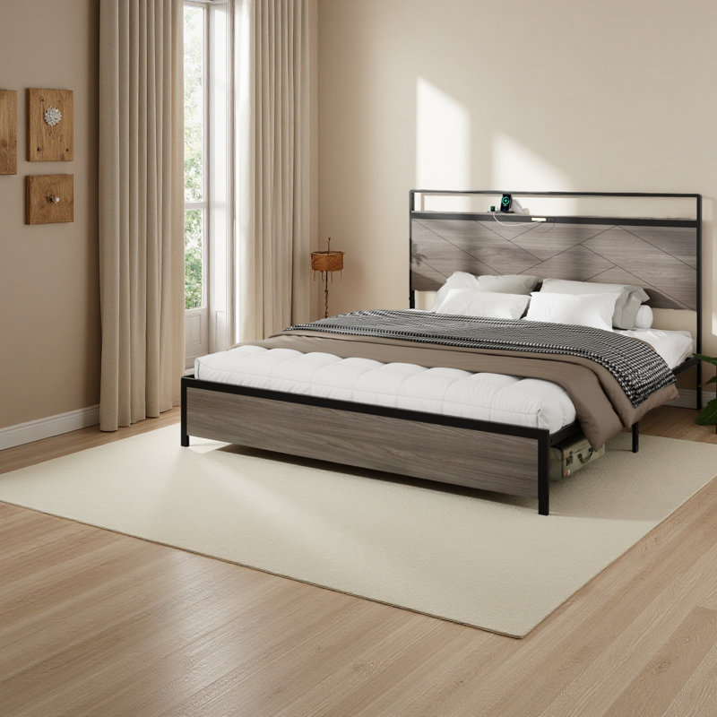 Structure de lit plateforme en bois avec tête de lit à DEL avec rangement et 2 ports USB, aucun bruit, aucun matelas à ressorts requis et outils d'assemblage simples, grand rangement sous le lit
