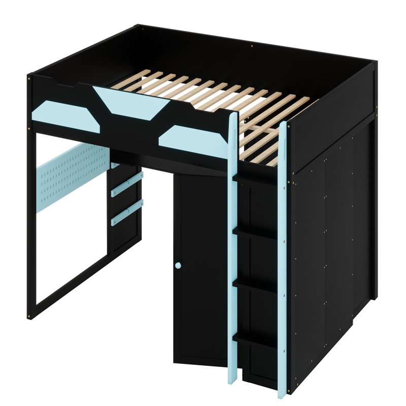 Smart Loft Bed Featuring Built-In Workspace, Organizational Shelves, USB Charging & Customizable RGB Lights, Blue