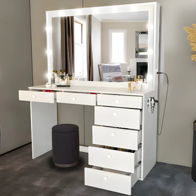 Boahaus Diana LARGE Lighted Vanity Makeup Desk, Big Vanity Mirror with Built-In Lights, Stool, 07 Drawers, C/USB Power Outlet -  Boahaus LLC, W.16.09-23-6105-11B-1705-02