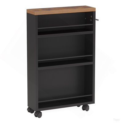 20" Slim Storage Cart – 4-Tier Narrow Rolling Kitchen Utility Cart With Wheels & Handle, Skinny Laundry Room Organizer, Slide Out Pantry Shelf For Small Spaces, Bathroom – Brown & Black Finish