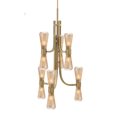 Lustre 12 lumières Allendale présenté en finition nouvel âge laiton avec verre ambré 4 po
