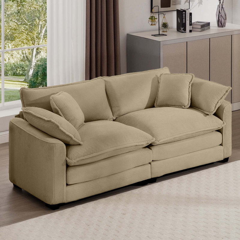 Bequette Sofa, Tan Corduroy, 34" H x 80.31" W x 34.5" D, 2