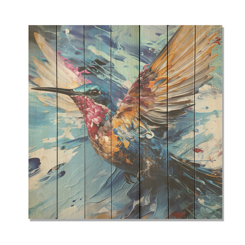 «Blue Fluttering Hummingbird Skies I» - impression de colibri sur bois, H 36 po x l 36 po