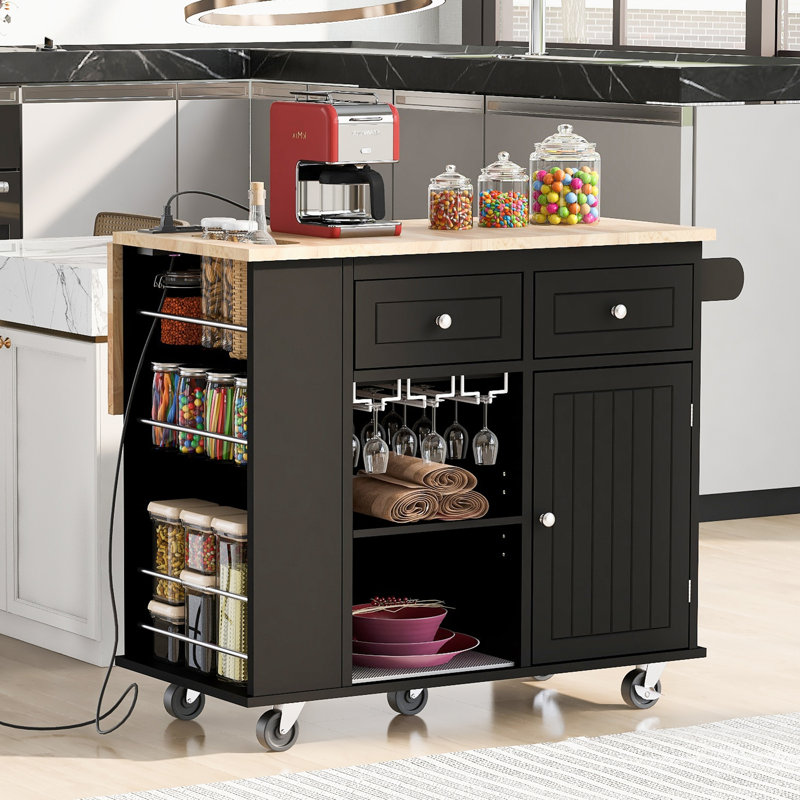 Kitchen Island With Power Outlet,Kitchen Storage Island With Drop Leaf And Rubber Wood, Black