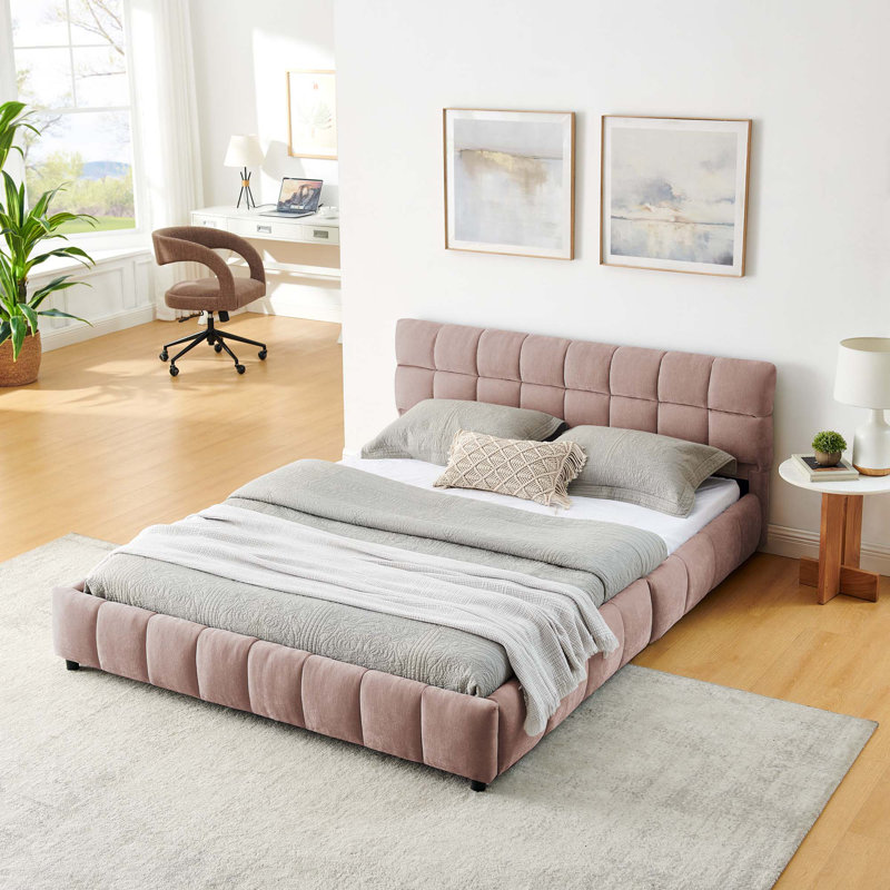 Lit rembourré avec tête de lit, rangement de tiroir et tissu chenille épais pour plus de confort et d'organisation, Rose