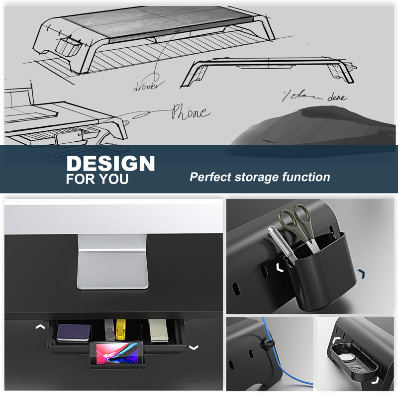 Support pour écran double Fenge, H 3,5 po x l 46,9 po x P 9,3 po, Noir