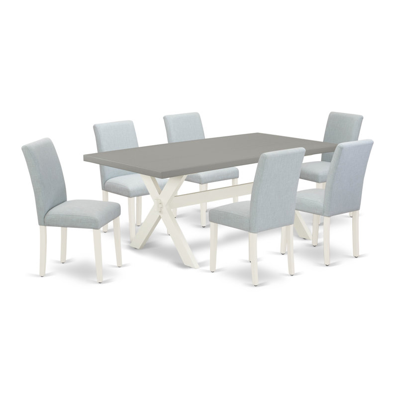 Ensemble de salle à manger 7 pièces composé d'une table de salle à manger rectangulaire avec pieds en X et 6 chaises Parson rembourrées en tissu bleu bébé, lin brossé blanc 