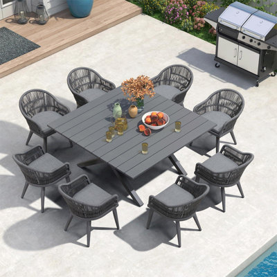 Ensemble de salle à manger d'extérieur en rotin pe toutes saisons Hokku Designs 9 pièces avec cadre en aluminium, table carrée et chaises pour terrasse de jardin