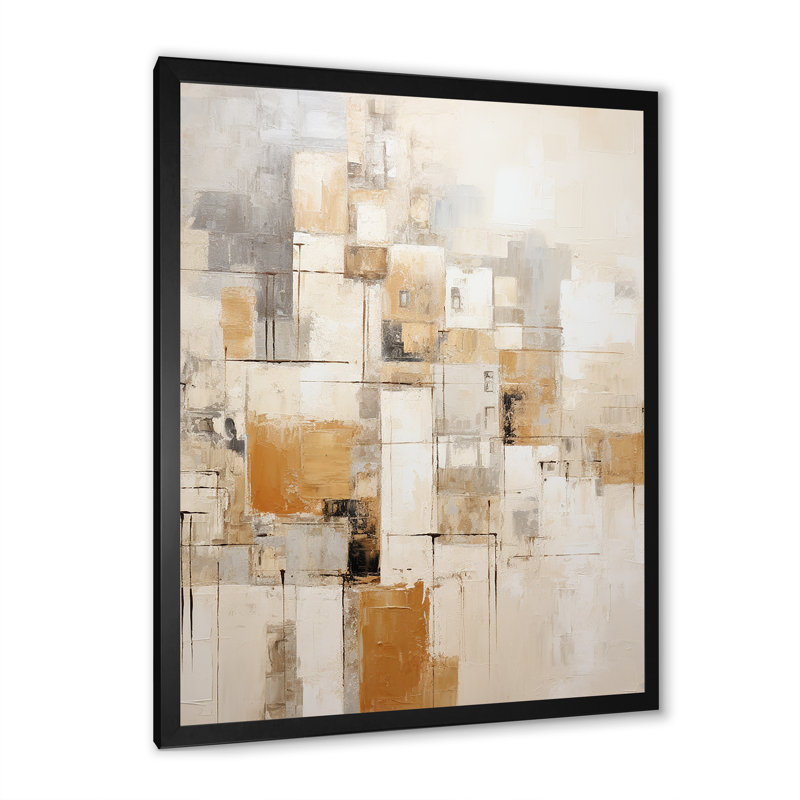 Beige et doré, perspective cubique - Collages abstraits, impressions sur toile, Cadre simple noir