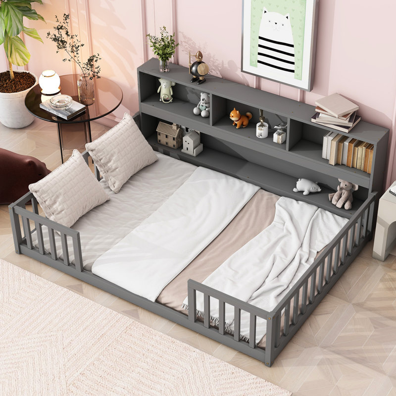 Lit double avec tablettes et bibliothèque - Gris, moderne et fonctionnel, Lit double, Gris
