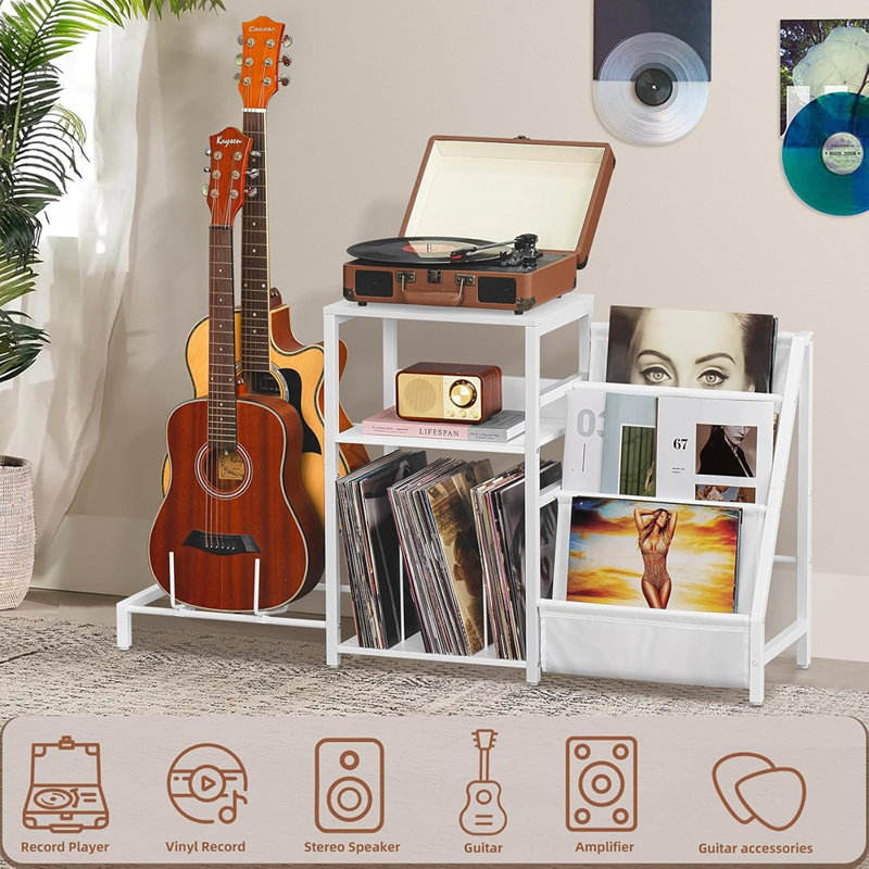 Table tourne-disque avec rangement en vinyle et support pour guitare - blanc