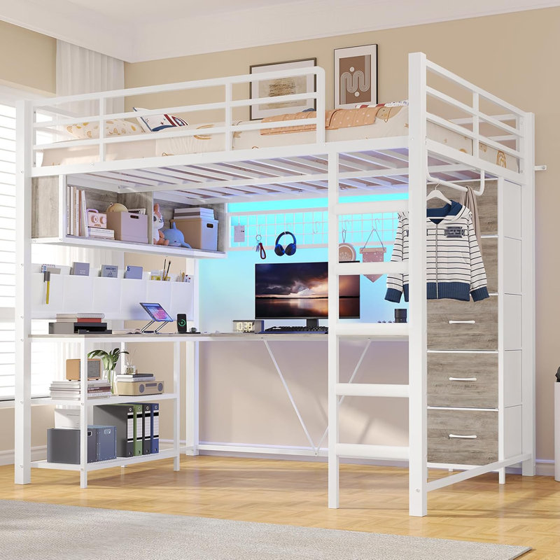 Full Size Loft Bed with L-Shaped Desk & 5 Drawers - Space Saving Loft Bed with LED Lights, Charging Station, Shelves, Clothes Rail for Home Office, Dorm Room, White