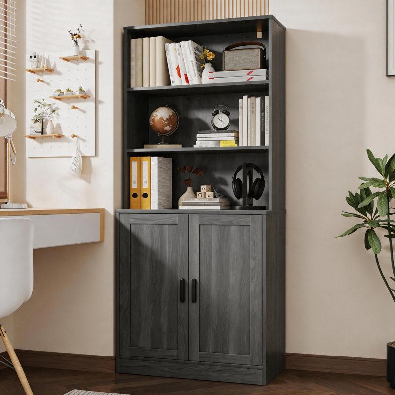 75" Tall Bookcase With Doors, 5 Tier Large Bookshelf With Cabinet, Standing Wood Display Book Shelf For Living Room, Office, Library With Doors