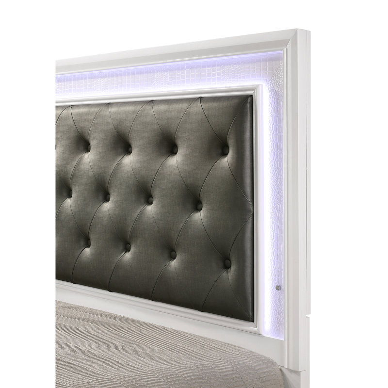 Lit à panneau double pleine grandeur avec revêtement en peau de crocodile moderne, tête de lit en incrustation de cristal et structure de support rembourrée à finition époustouflante