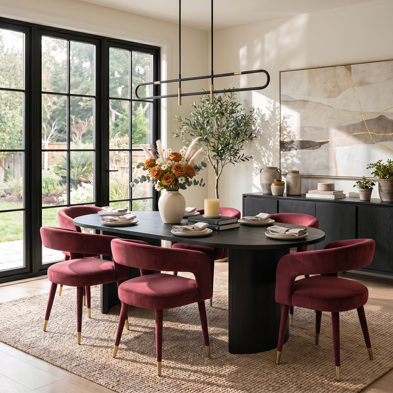 Ensemble de table de salle à manger moderne 79 "ovale avec 6 fauteuils de salle à manger en velours, Burgundy