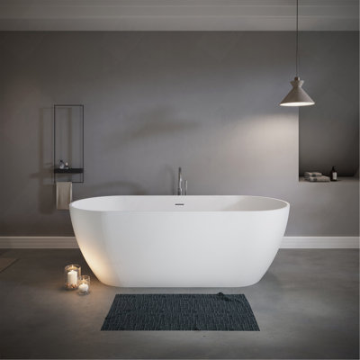 Baignoire d'îlot de luxe en résine de pierre reconstituée de 160 cm (63 po) avec trop-plein et bonde escamotable, blanc brillant