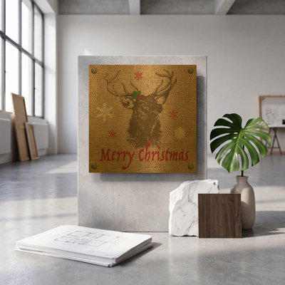 'Christmas On Burlap 7' By Jean Plout Gold Metal Wall Art, 12" x 12"